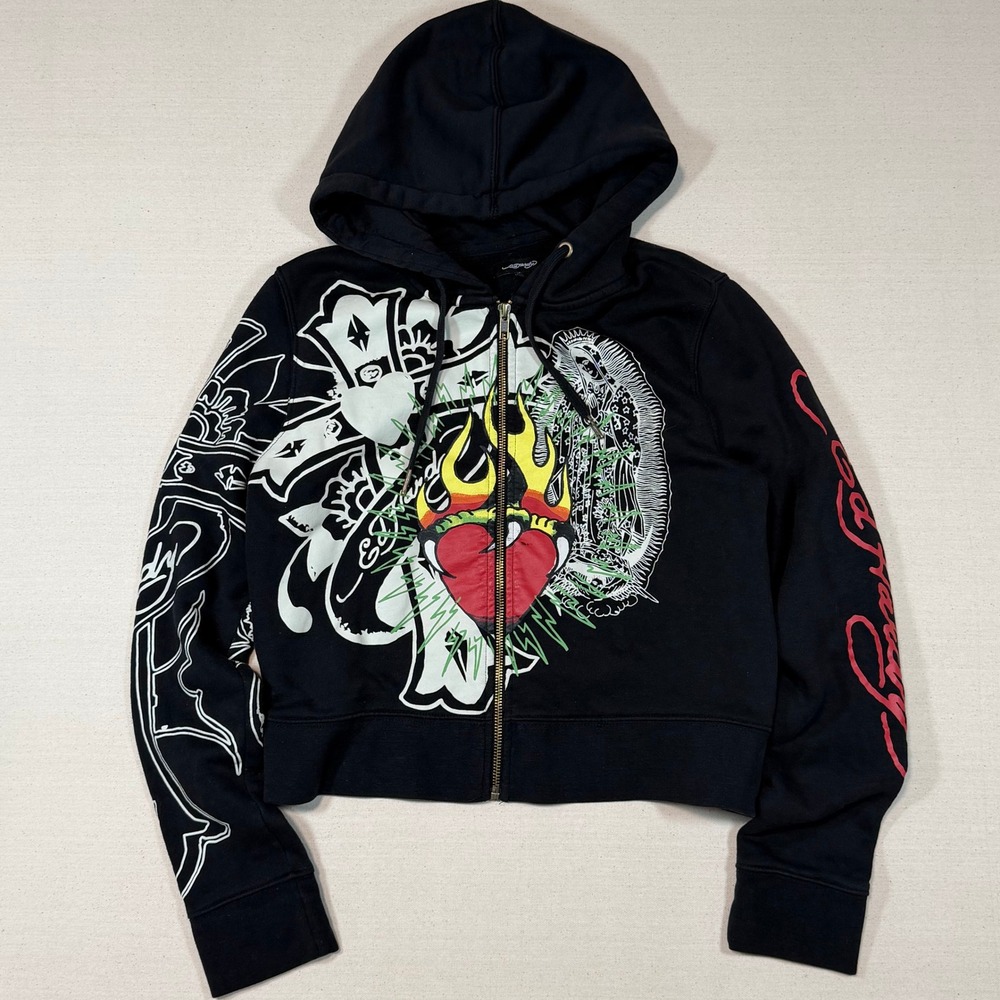 Y2K Ed Hardy Cropped Zip Up Hoodie Womens Large Black Tattoo Graphic